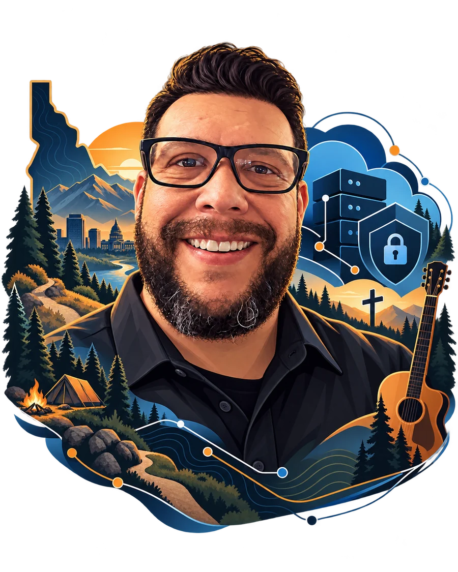 Illustrated portrait of David Brock with technology, Idaho outdoors, guitar, camping, and faith themes.